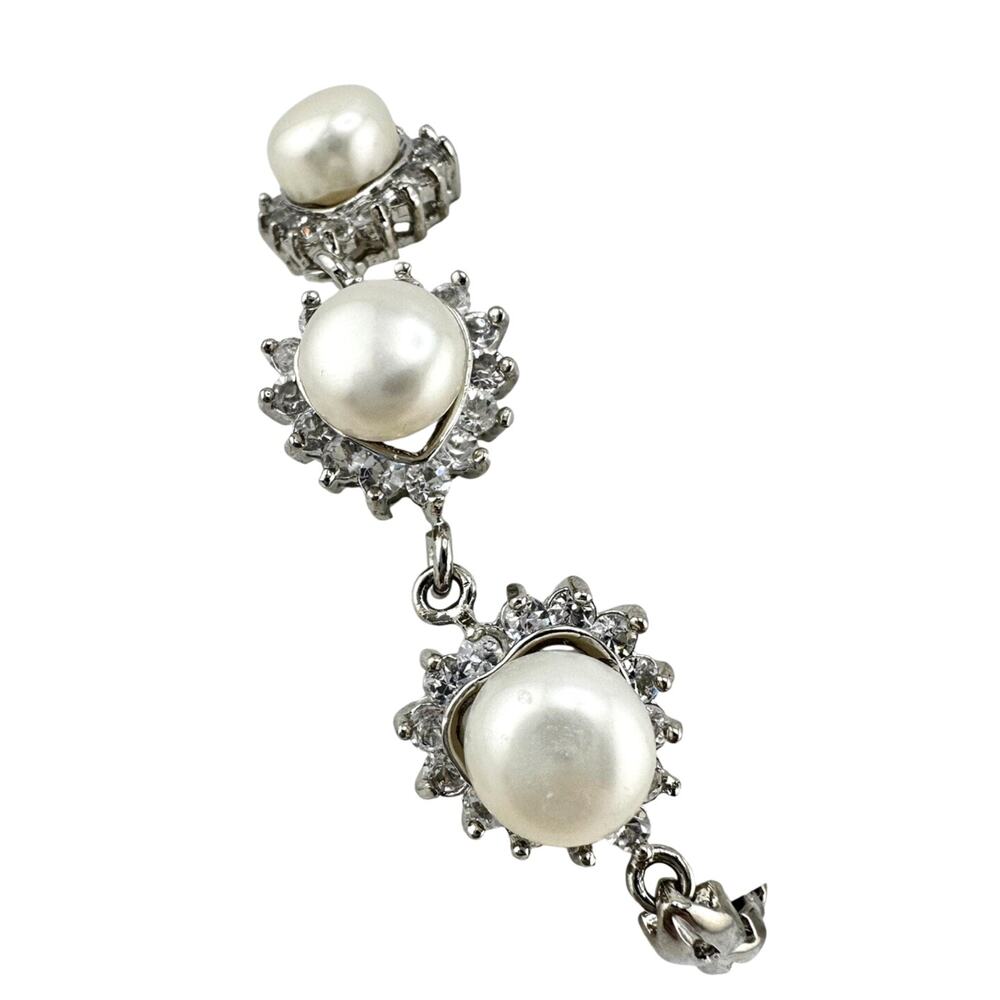 Genuine Freshwater Pearls CZ Hearts Tulip Links Silver Tone 6.75” Bracelet